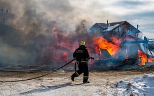 firefighter putting out house fire